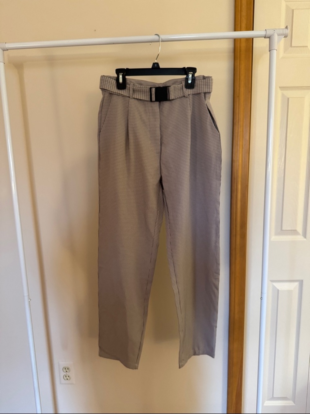 Shein Women's Taupe Checkered Pleated Trousers with Belt